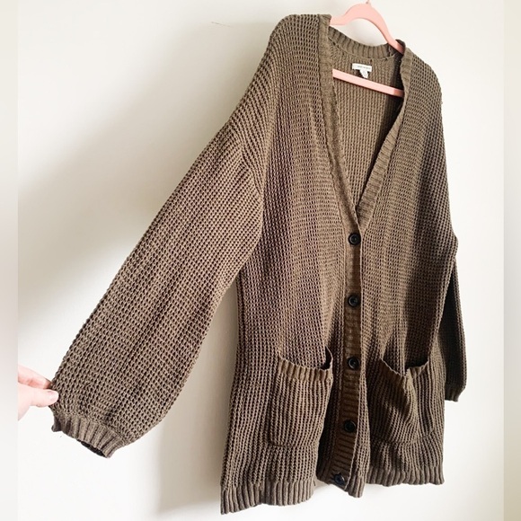 American Eagle Oversized waffle knit Grandpa Slouchy Cardigan Gray Brown XS/S - Picture 10 of 11